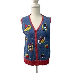 VTG Susan Bristol Hand Embroidered Tea Cups Knit Sweater Vest Granny Core M